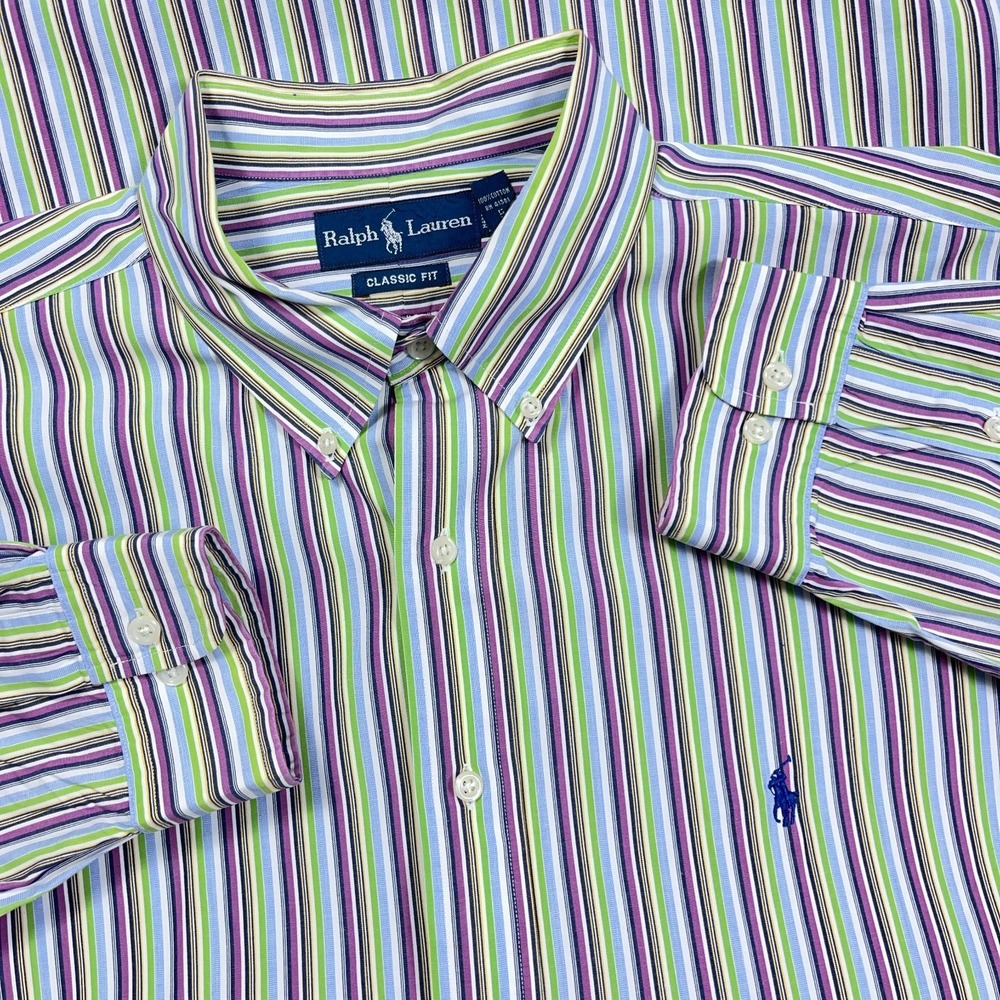 Ralph Lauren Shirt Men XXL Purple Green Striped Classic Fit Button Up Poplin Fun